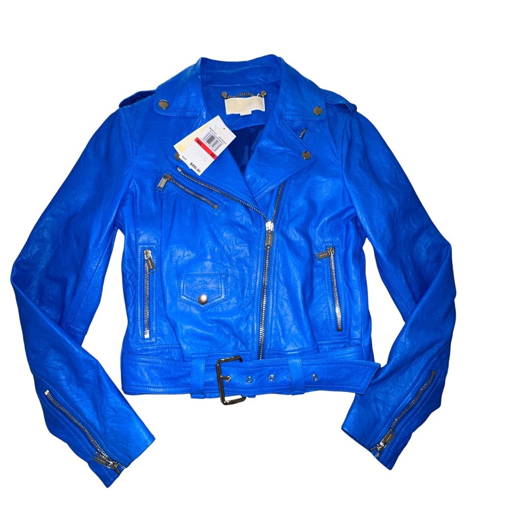 Michael‎ Kors Lamb Leather Jacket Grecian Blue Zippers Snaps size X-Small New
